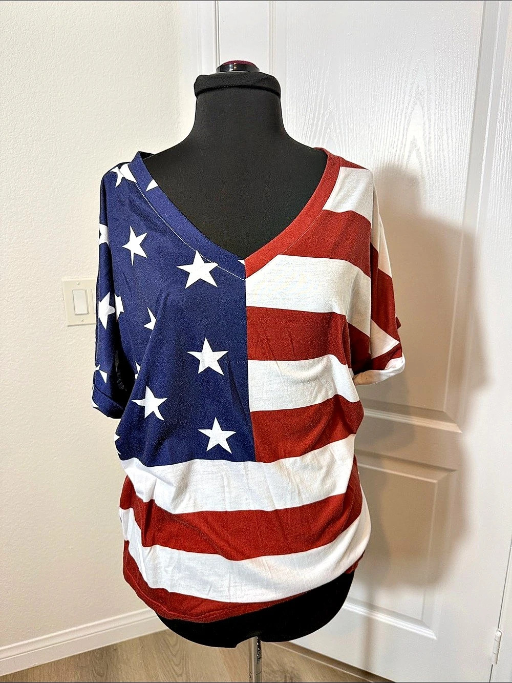 Patriotic American Flag Color Block Tee Size Large
